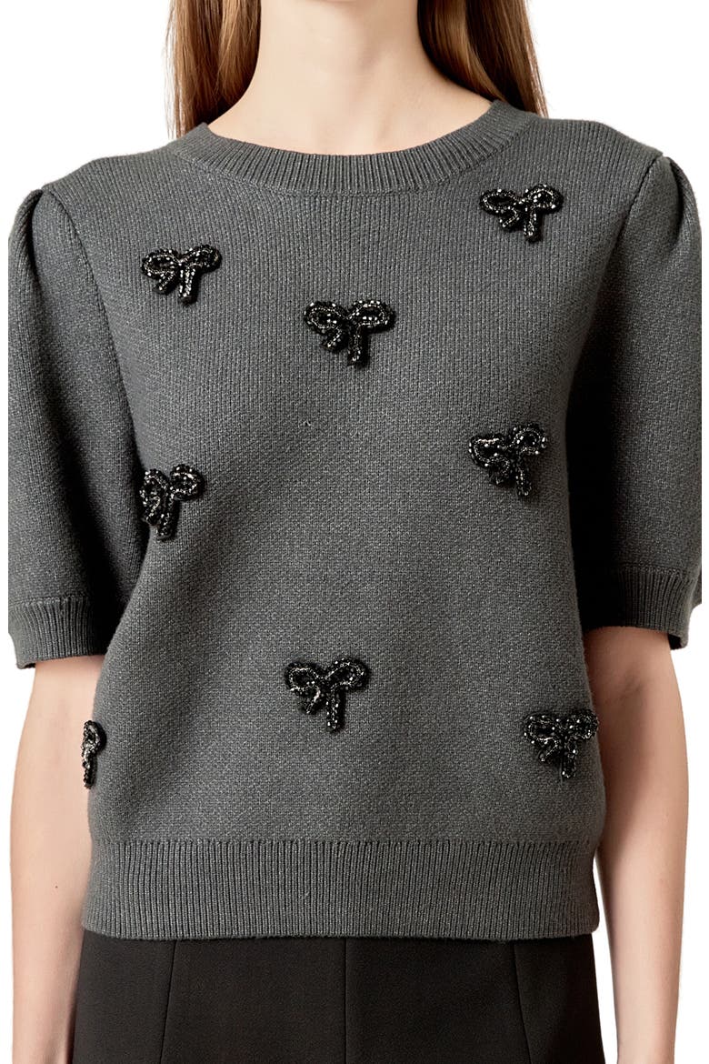 Embellished Bow Puff Short Sleeve Sweater, Alternate, color, CHARCOAL