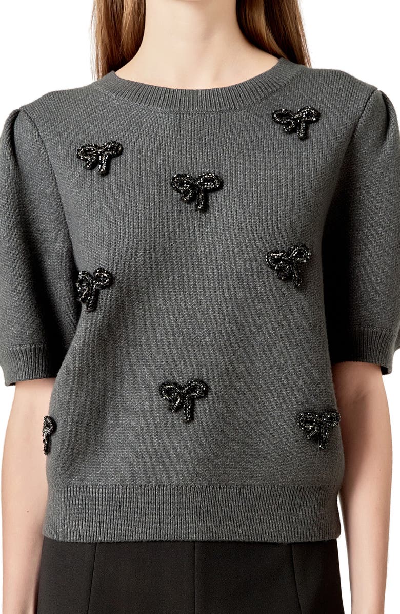 English Factory Embellished Bow Puff Short Sleeve Sweater, Alternate, color, Charcoal