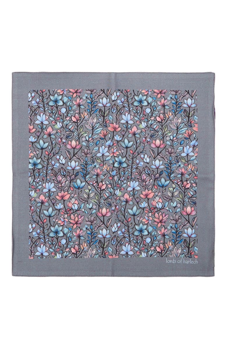 Lords of Harlech Hudson Merino Wool Handkerchief Pocket Square, Main, color, Mystic Floral Grey