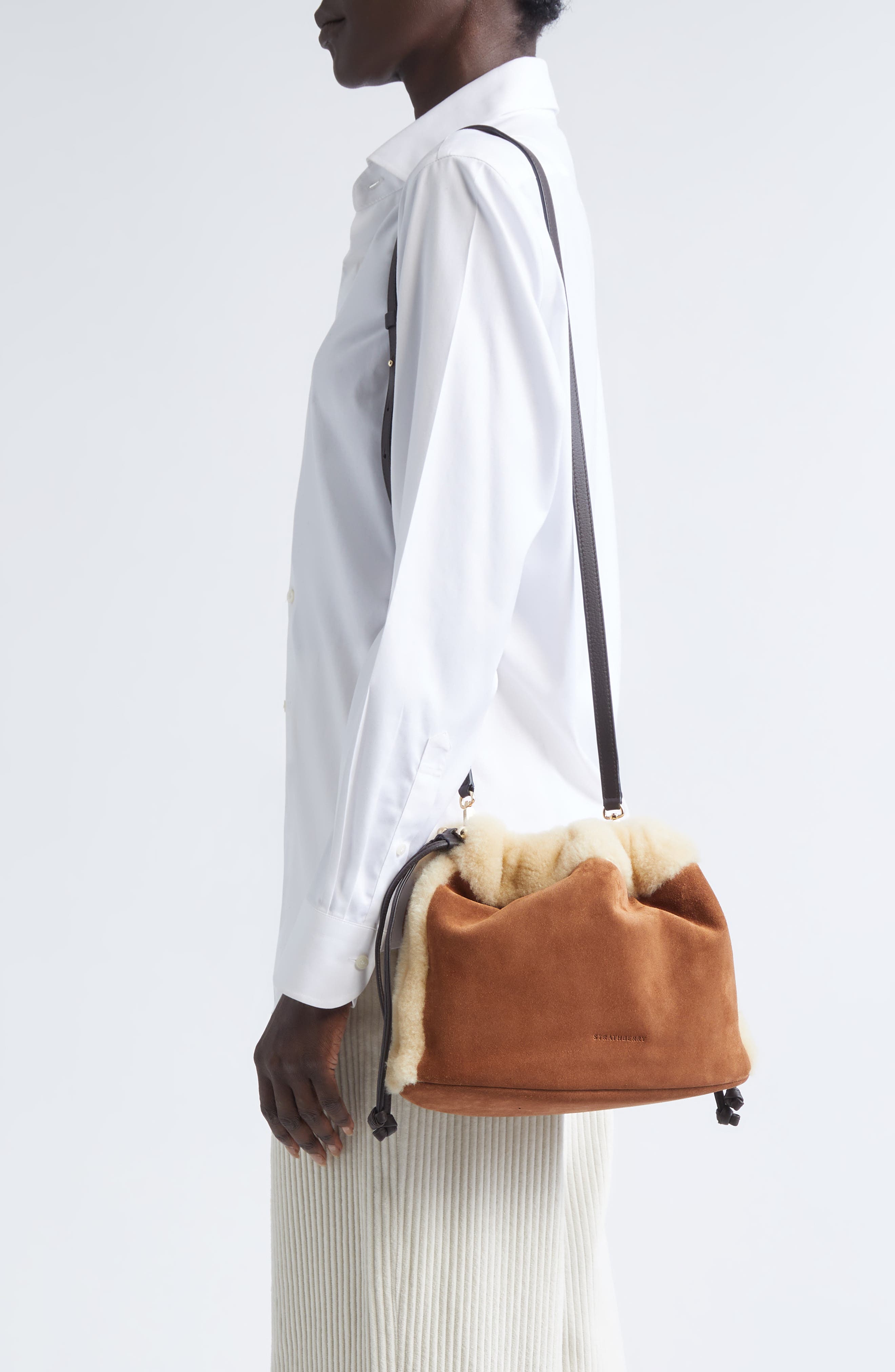 Strathberry Midi Suede & Genuine Shearling Handbag, Alternate, color, Tan