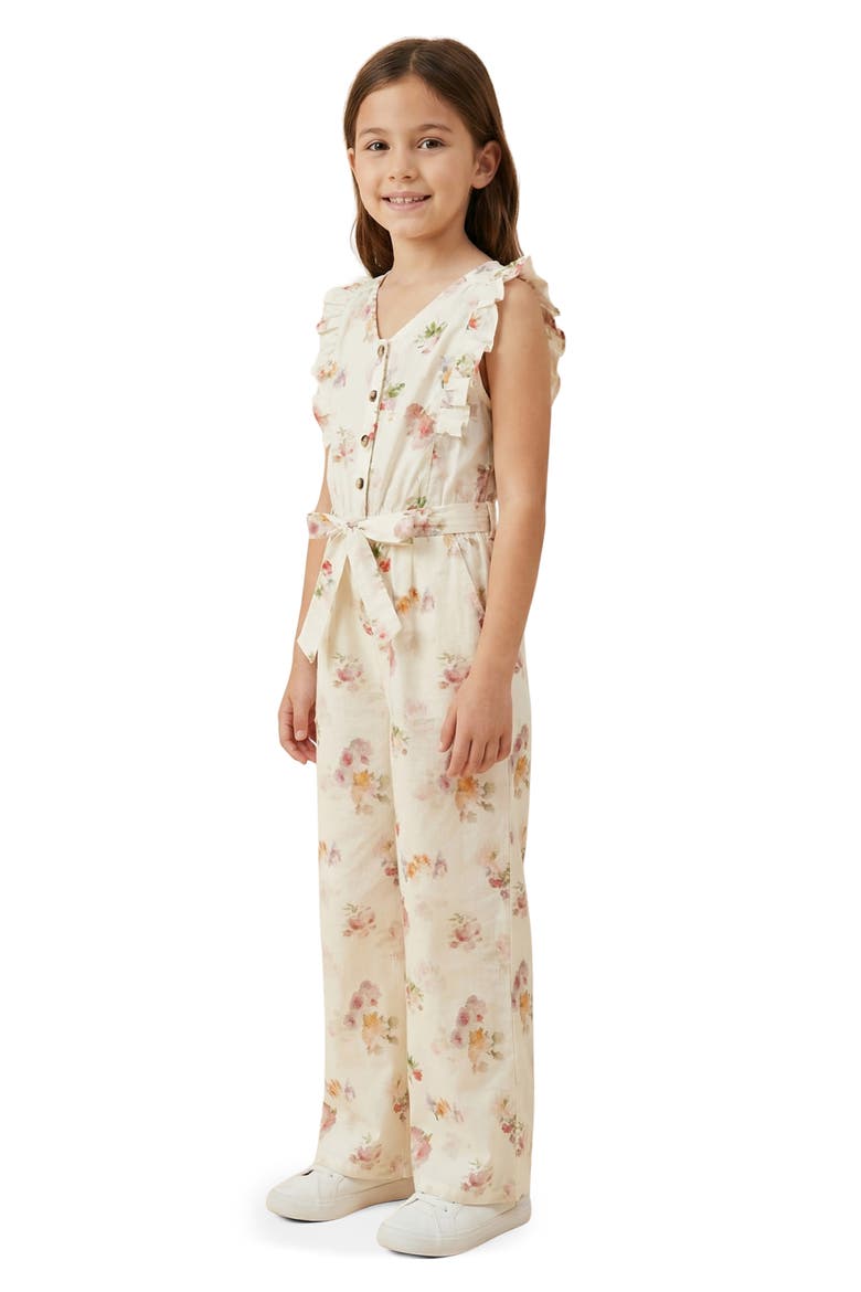 Kids' Floral Print Flutter Sleeve Jumpsuit, Alternate, color, CREAM