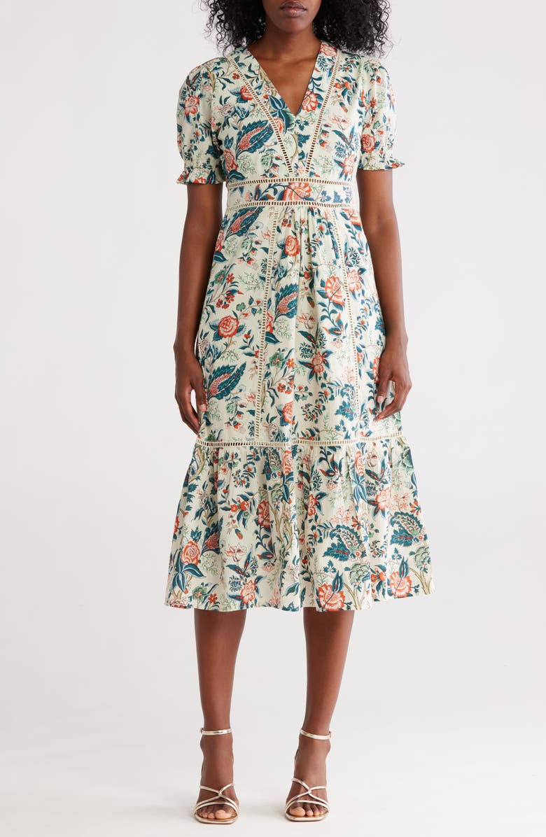 Maisie Puff Sleeve Midi Dress with Crochet Trim, Main, color, 