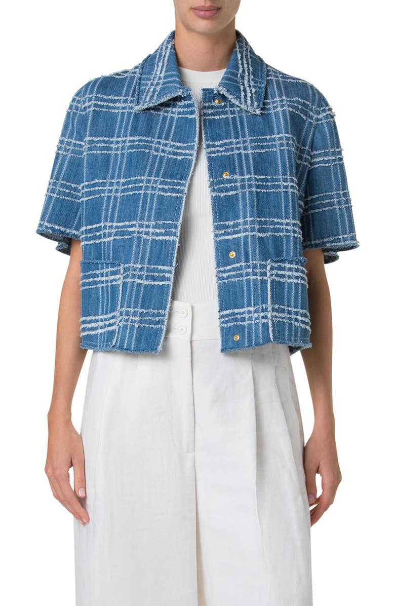 Akris punto Windowpane Check Fringe Jacket, Main, color, Medium Blue Denim