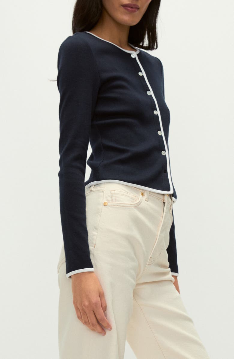 Veronica Beard Wilmer Tipped Cotton Cardigan, Alternate, color, Navy