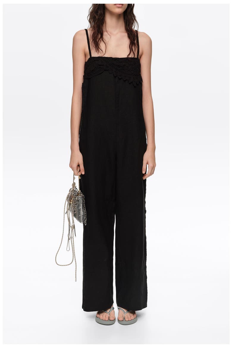 Linen Crochet Neckline Jumpsuit, Main, color, BLACK
