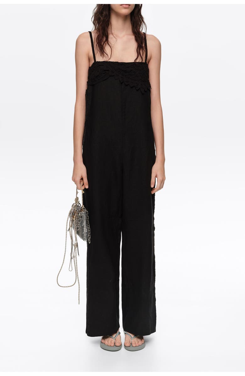 Bimba y Lola Linen Crochet Neckline Jumpsuit, Main, color, Black