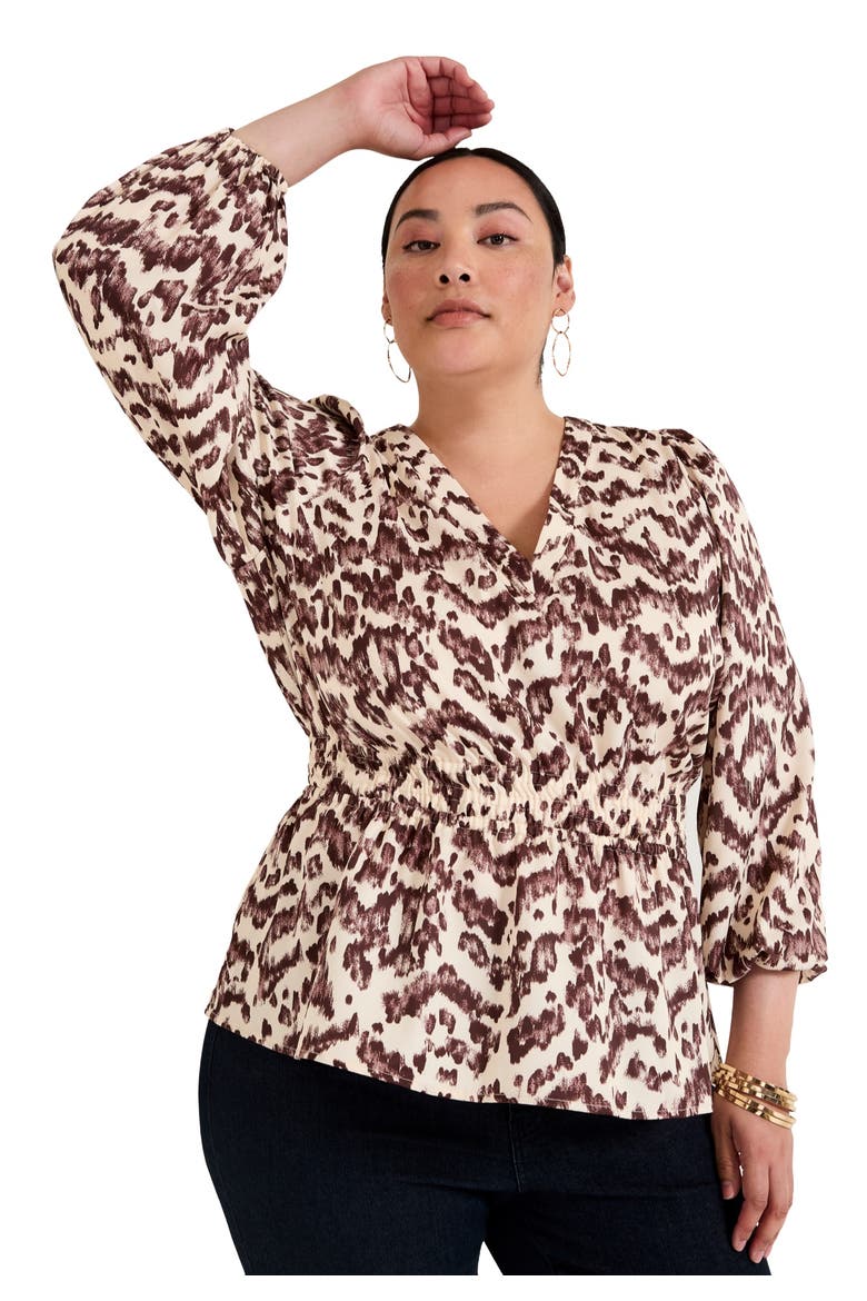 Puff-Sleeve Peplum Blouse, Main, color, BOTANICAL TEXTURE CHOCOLATE