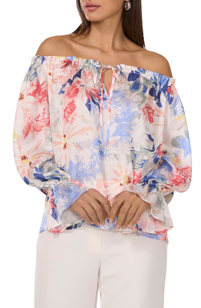 Vince Camuto Floral Keyhole Off the Shoulder Top, Main, color, Ultra White