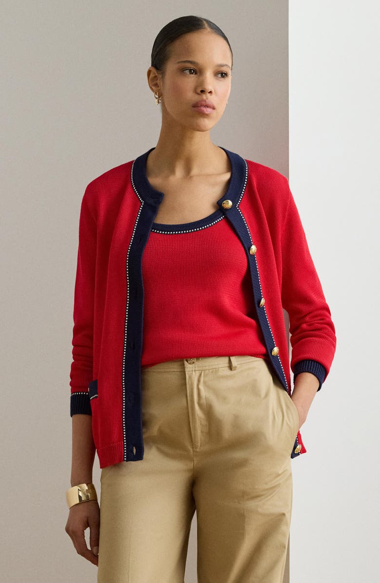 Lauren Ralph Lauren Two-Tone Trim Cardigan, Alternate, color, Cruise Red/ Multi