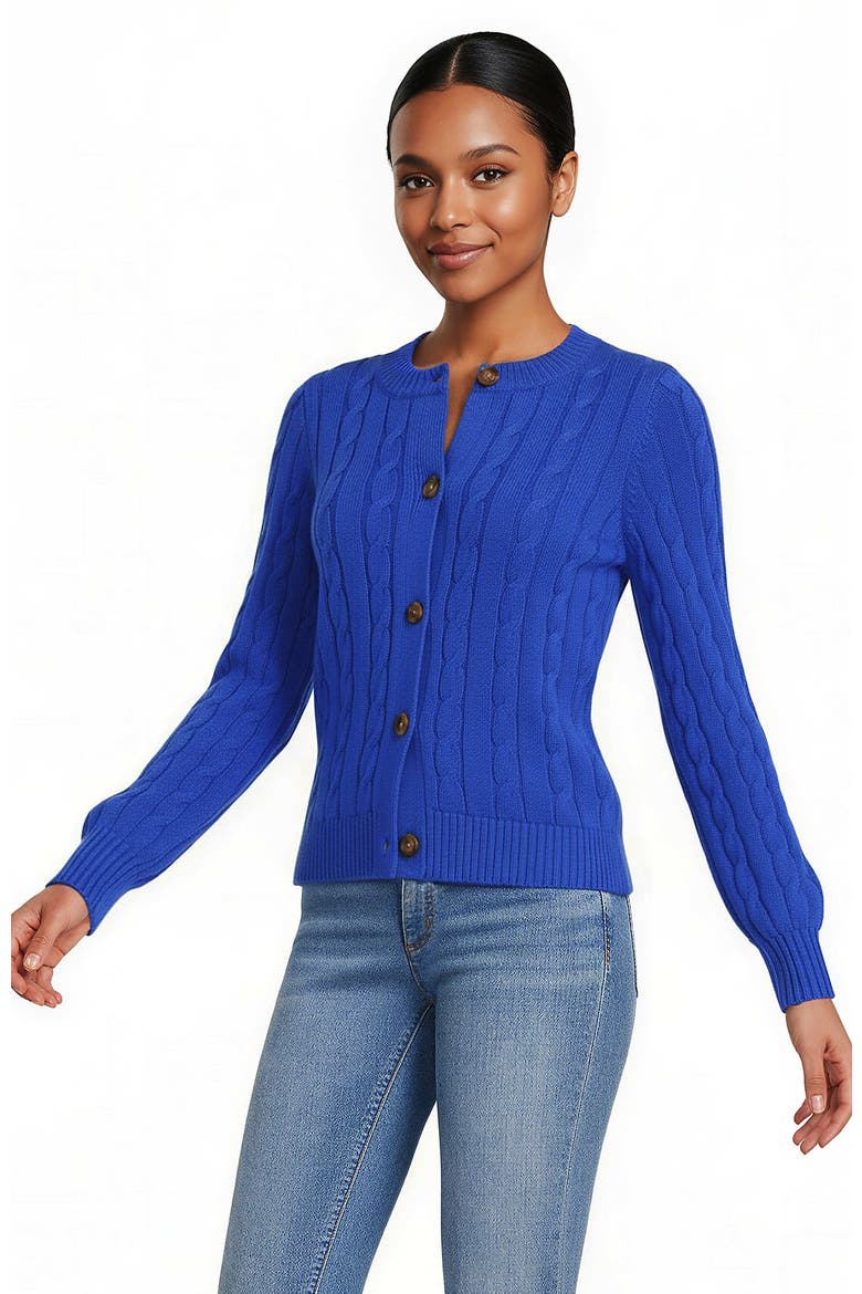 Drifter Classic Cable Crew Neck Cardigan Sweater, Main, color, Vibrant Lapis