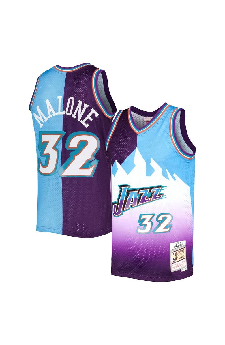 Mitchell & Ness Men's Mitchell & Ness Karl Malone Purple/Turquoise Utah Jazz Hardwood Classics 1996/97 Split Swingman Jersey, Alternate, color, 
