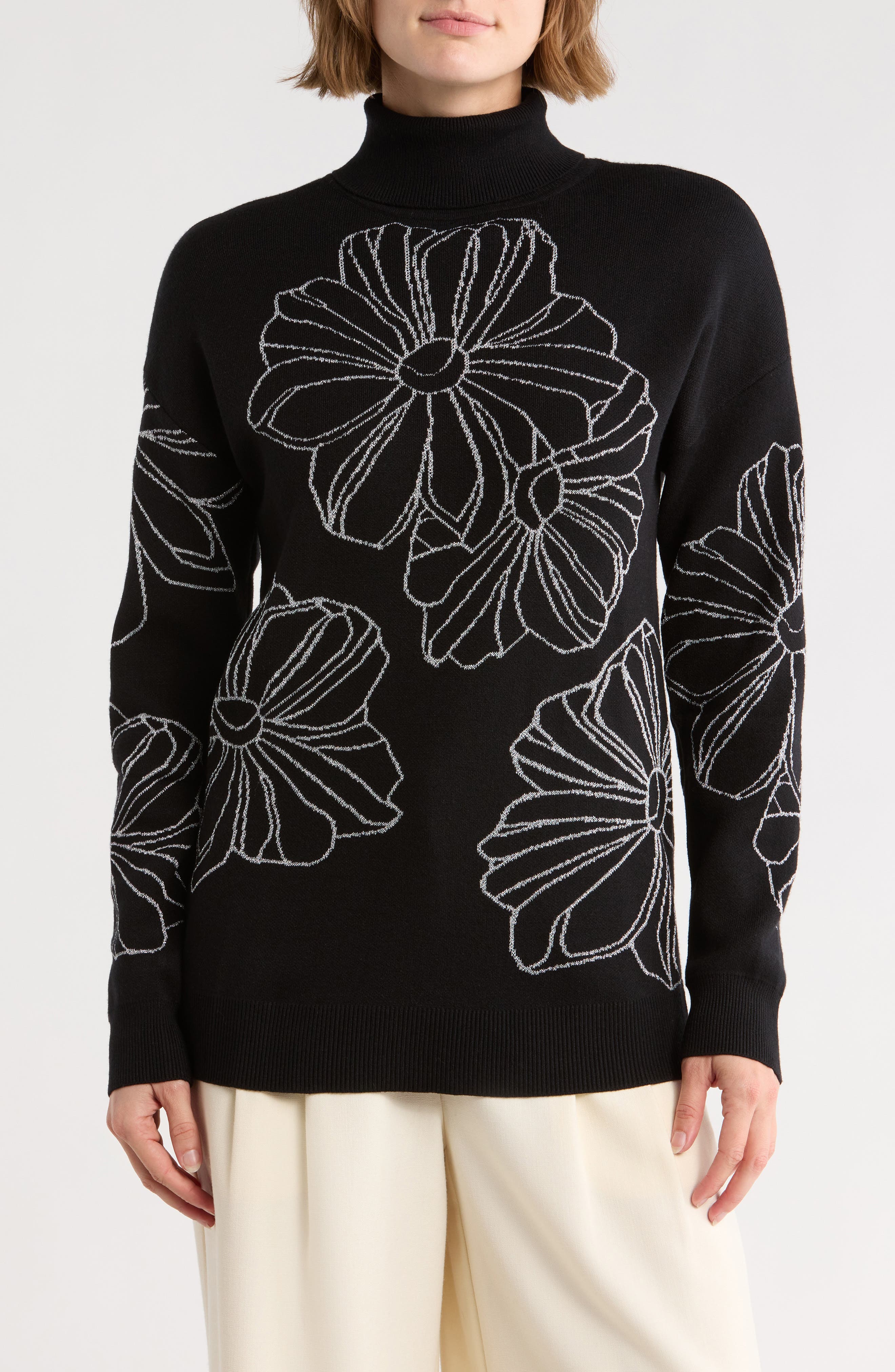 Joseph A Placed Floral Oversize Turtleneck Sweater