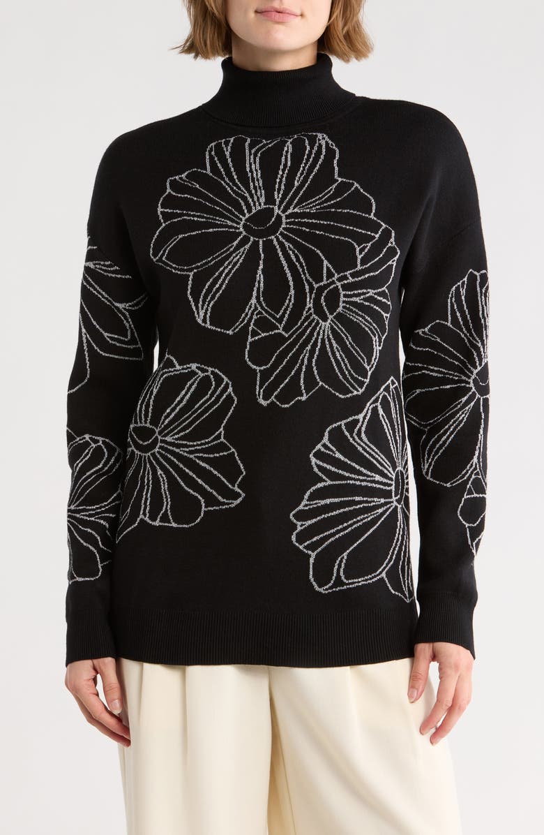 Joseph A Placed Floral Oversize Turtleneck Sweater, Main, color, Floral Outline Blk