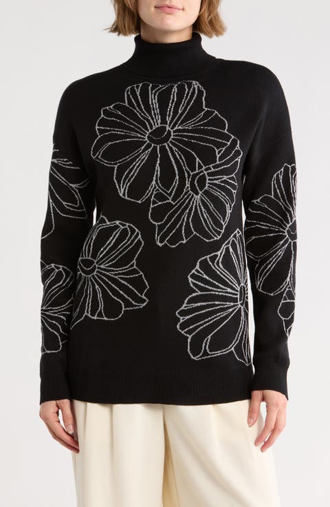 Placed Floral Oversize Turtleneck Sweater