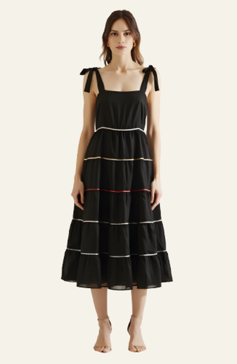 Modenaire Tiered Midi Dress with Contrast Stitching and Tie Shoulder Straps, Main, color, 