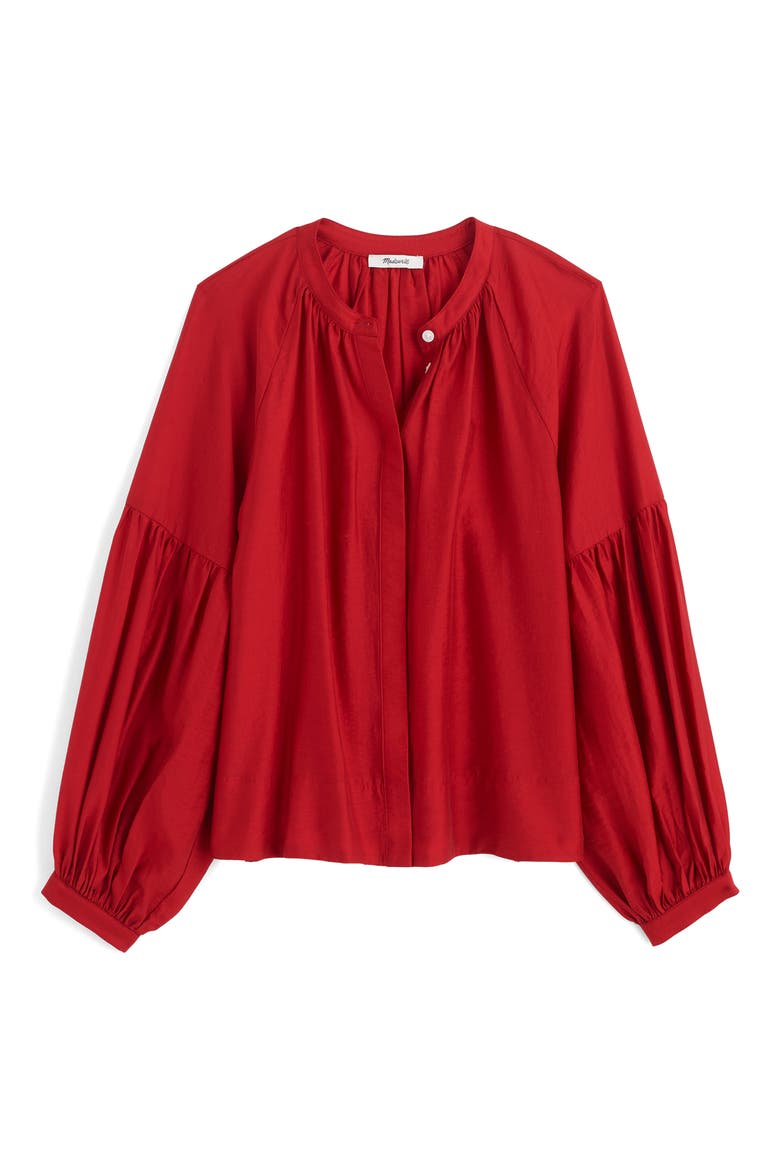 Shirred Balloon Sleeve Button-Up Top, Alternate, color, CRIMSON