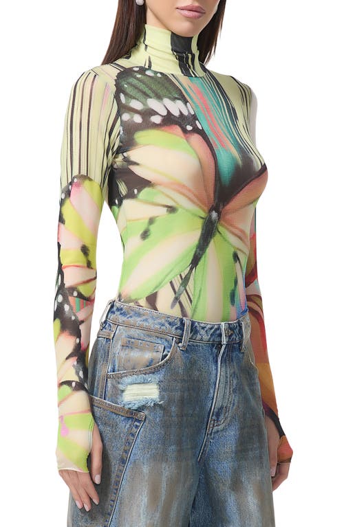Afrm Zadie Print Turtleneck Mesh Top In Butterfly Tee