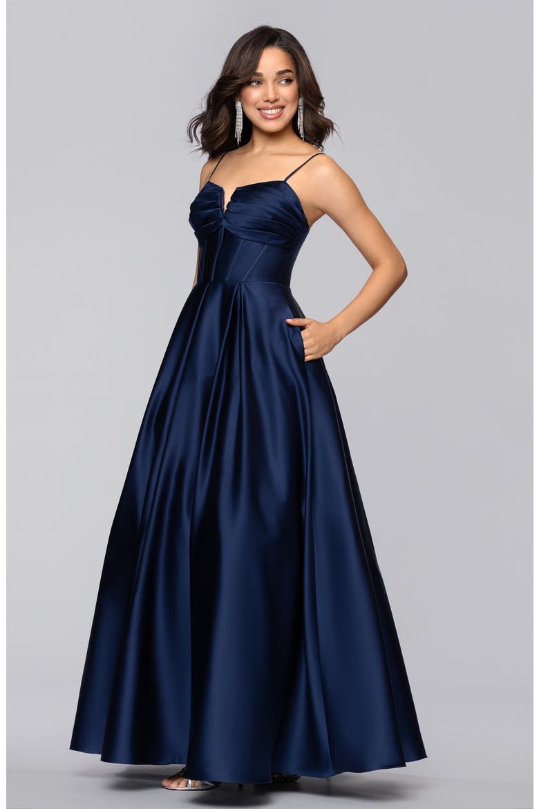 Notch Neck Satin Ballgown, Alternate, color, NAVY
