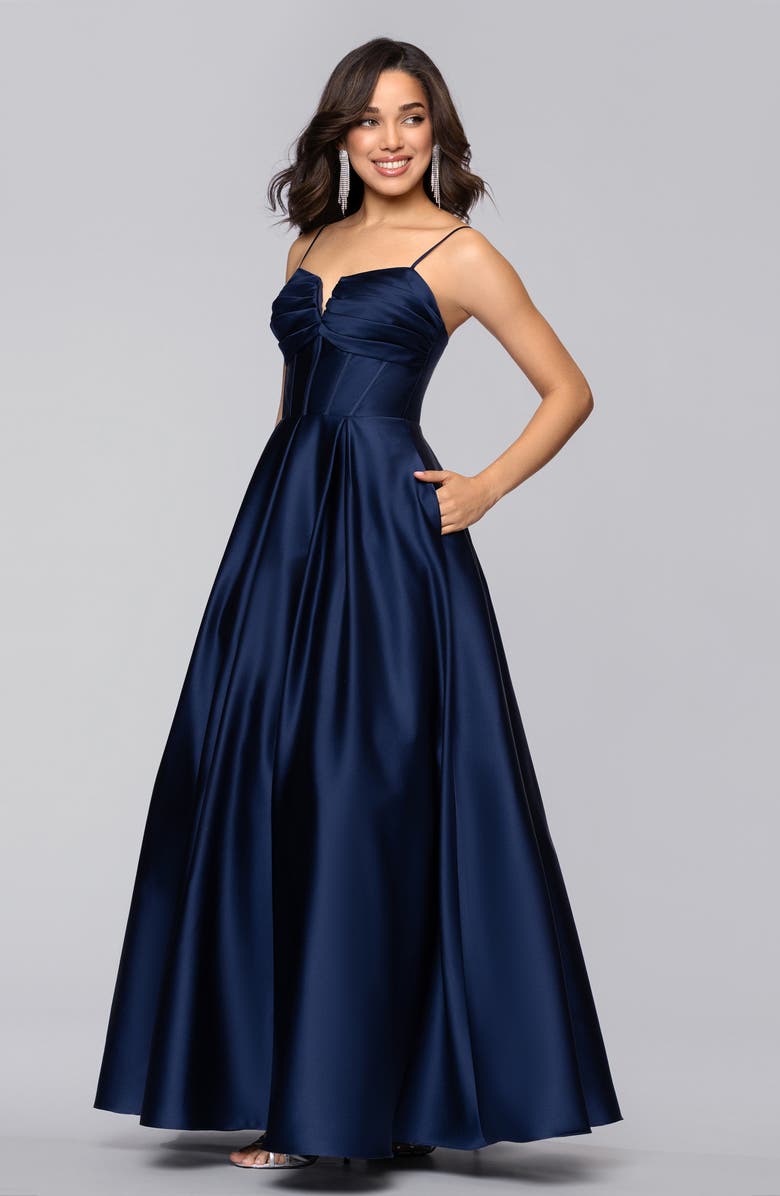 Blondie Nites Notch Neck Satin Ballgown, Alternate, color, Navy