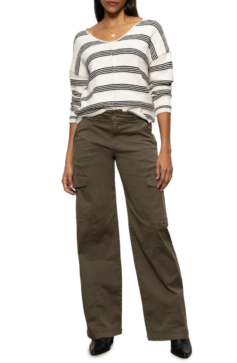 Sanctuary Stripe Cotton V-Neck Sweater, Alternate, color, Light Oat