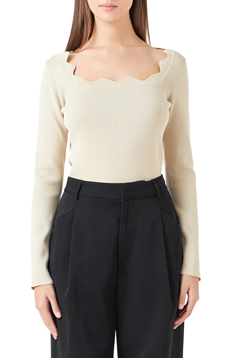 Endless Rose Scallop Square Neck Sweater, Main, color, Taupe