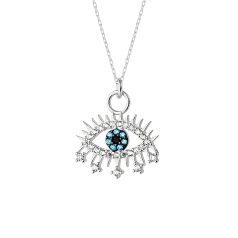 Evil Eye Blue Eye Eyelash Sterling Silver Pendant Necklace