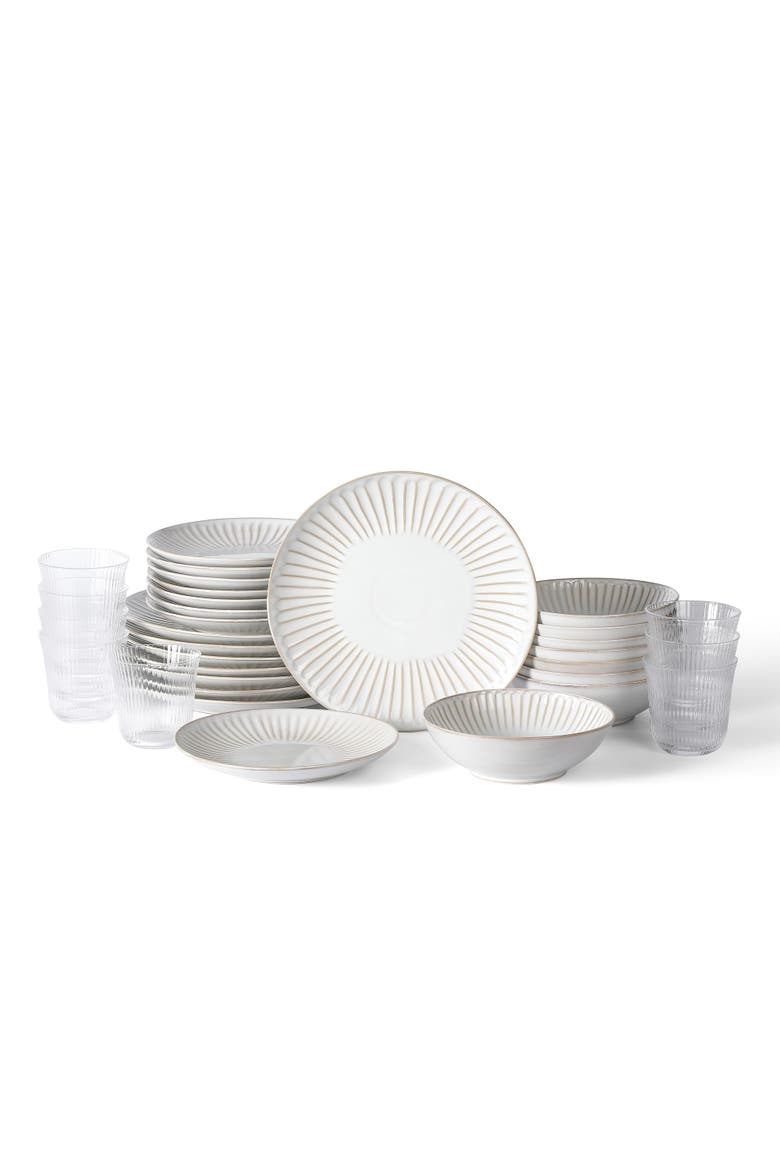 Linea Stoneware 32-Piece Dinnerware Set with Glasses, Main, color, White