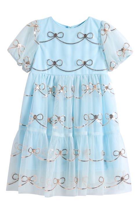 Kids' Sequin Bow Mesh Babydoll Dress