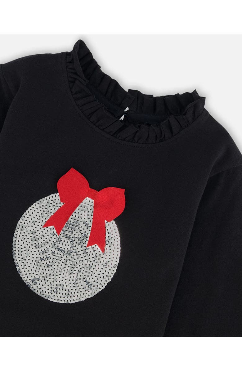 Deux par Deux Little Girl's T-Shirt With Frill And Print Black, Alternate, color, 