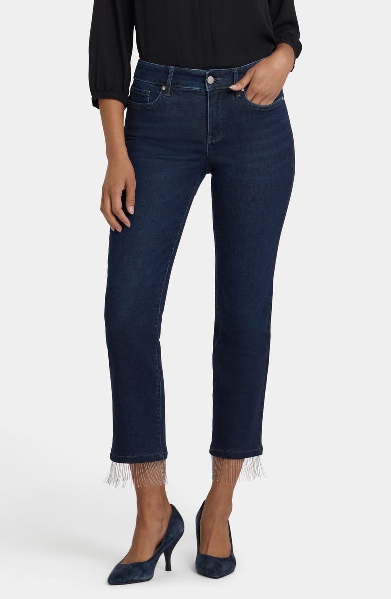NYDJ Marilyn Beaded Fringe Ankle Straight Leg Jeans, Main, color, Blacken Blue