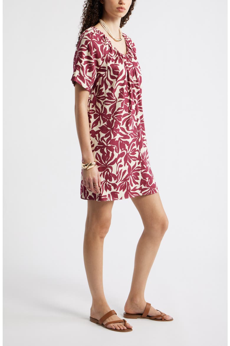 Shirred Linen Blend Minidress, Alternate, color, BEIGE- BURGUNDY FIRA BLOOM