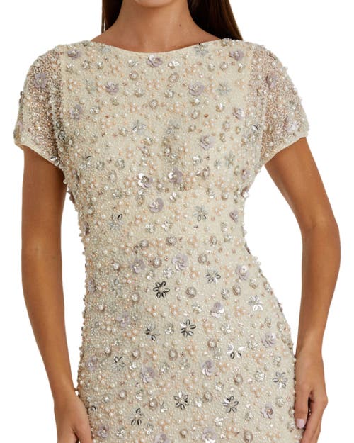 Mac Duggal Floral Embellished Mesh Fitted Blouson Gown In Neutral
