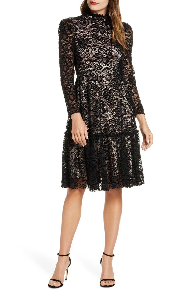 Eliza J Long Sleeve Mock Neck Fit & Flare Lace Dress, Main, color, 