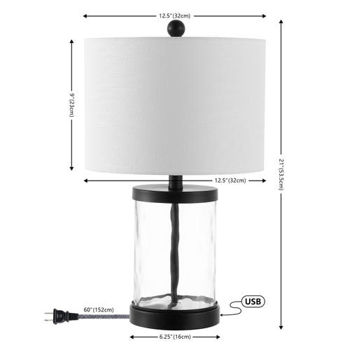 Jonathan Y Alexander Modern Designer Iron/water Glass Led Table Lamp With Usb Charging Port In Black/clear