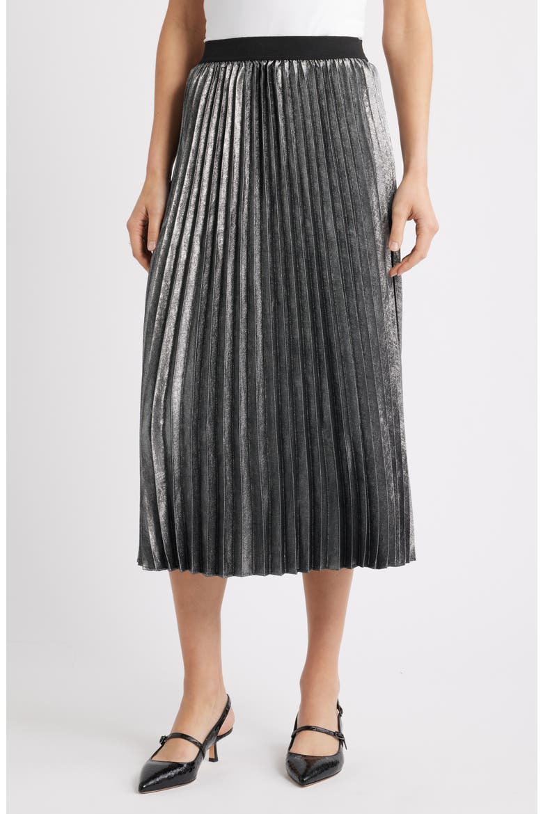 Pleated Metallic Midi Skirt, Main, color, SILVER
