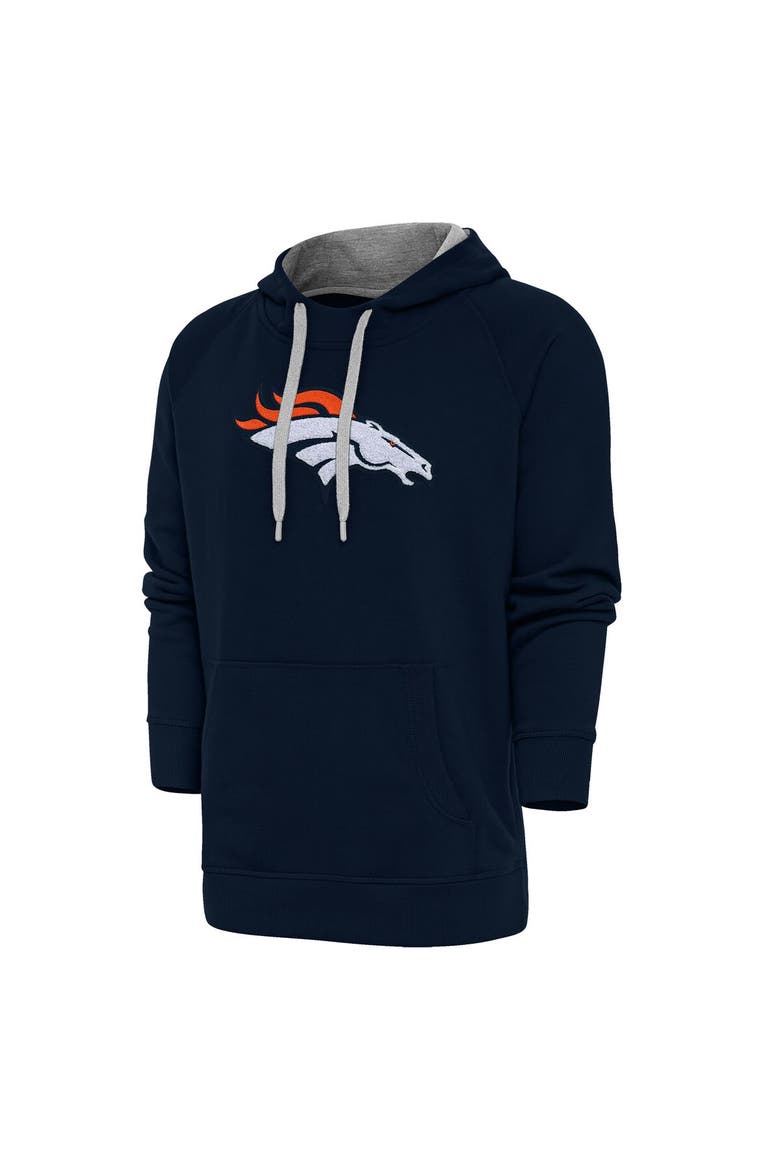 Men's Antigua Navy Denver Broncos Victory Chenille Pullover Hoodie, Alternate, color, Navy