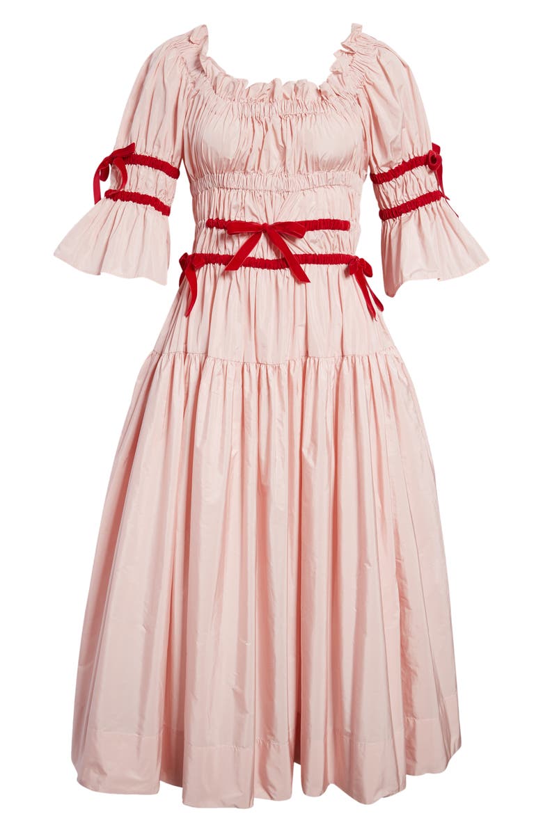 Molly Goddard Mikha Velvet Bow Gathered Ruffle Taffeta Midi Dress, Alternate, color,