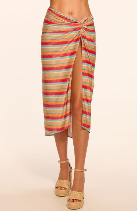 Metallic Stripe Tie Waist Cover-Up Skirt