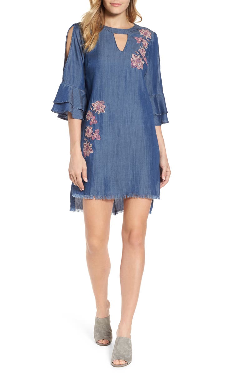 Billy T Embroidered Chambray Keyhole Dress, Main, color, 