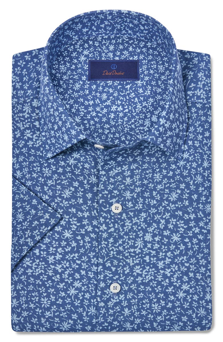 David Donahue Short Sleeve Linen & Cotton Sport Shirt, Alternate, color, Navy/ Sky