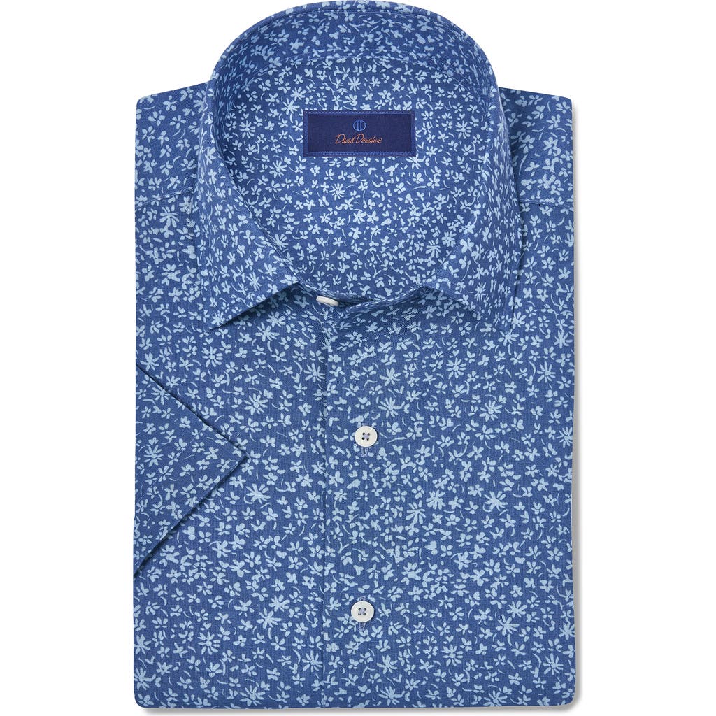 David Donahue Short Sleeve Linen & Cotton Sport Shirt In Navy/sky