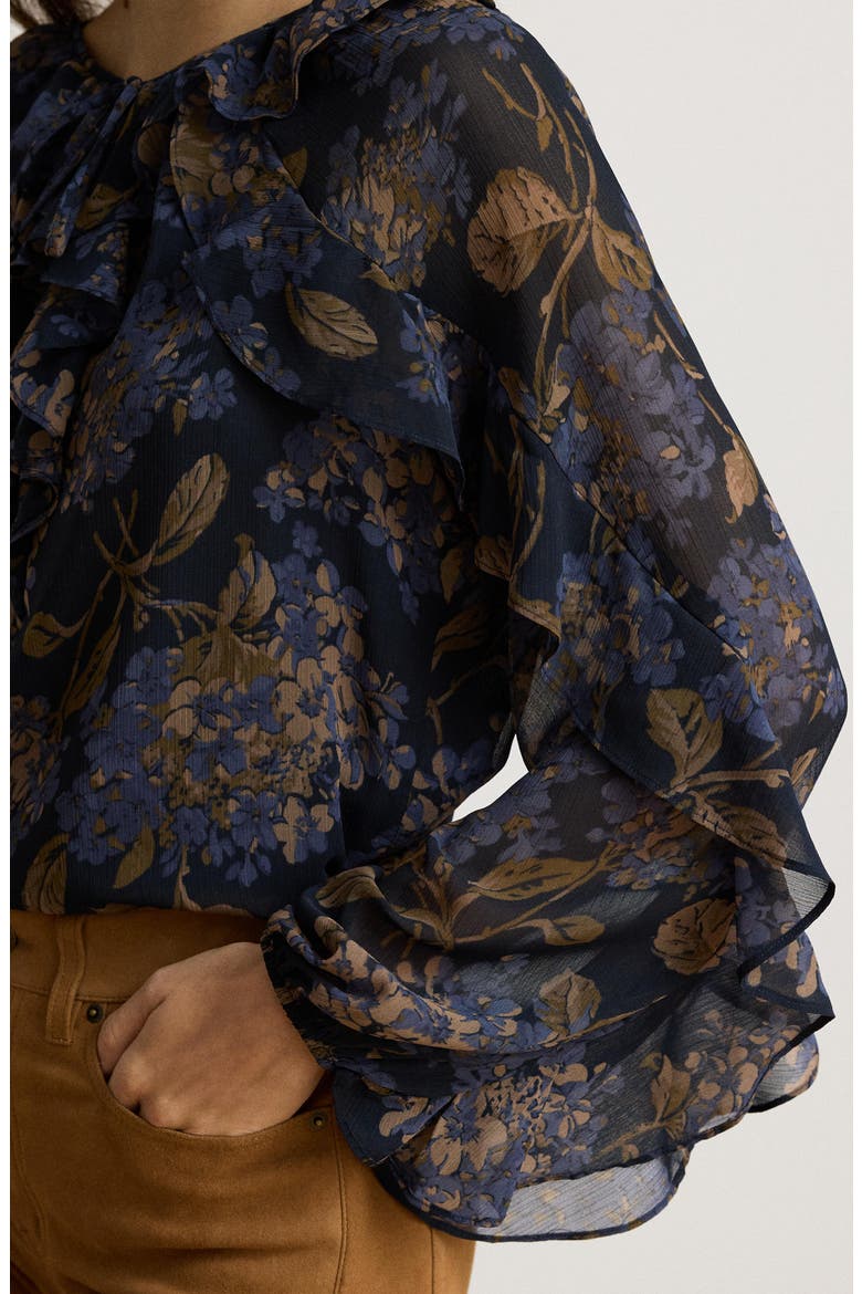 Floral Print Ruffle Trim Blouse, Alternate, color, NAVY BLUE/ MULTI