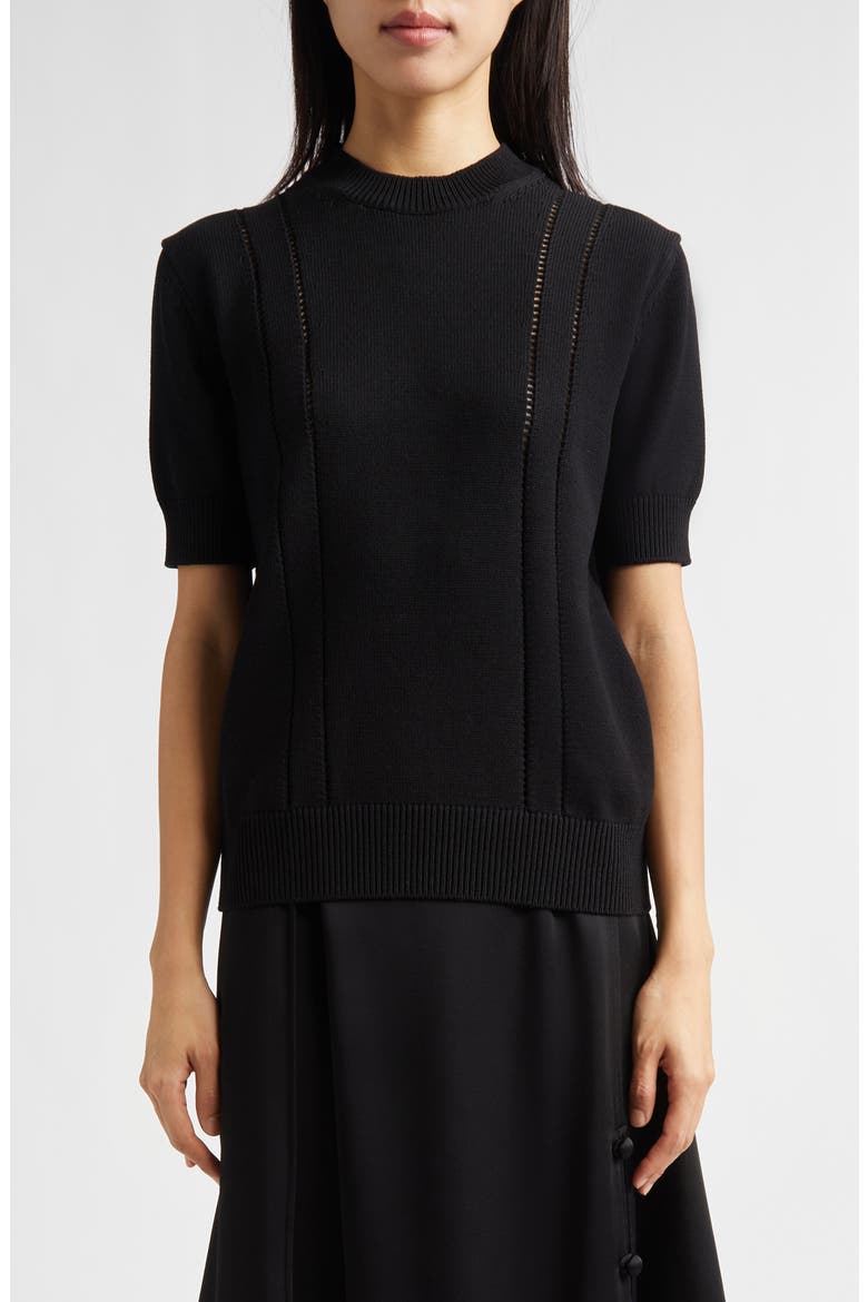 Pointelle Knit Wool & Cotton Sweater, Main, color, BLACK