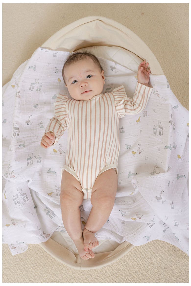 Stripes Away Long Sleeve Ruffle Bodysuit, Alternate, color, STRIPES AWAY PEONY