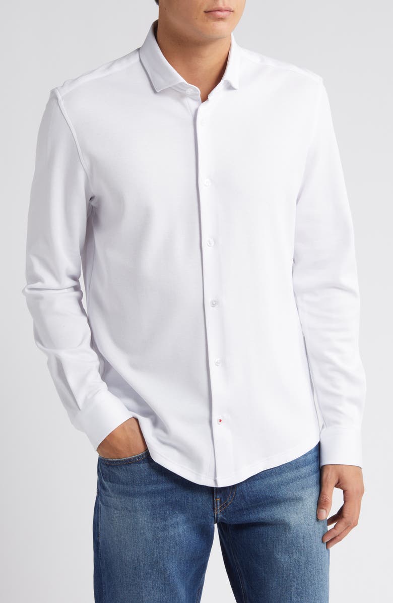 Stone Rose Solid Performance Piqué Button-Up Shirt, Main, color, White