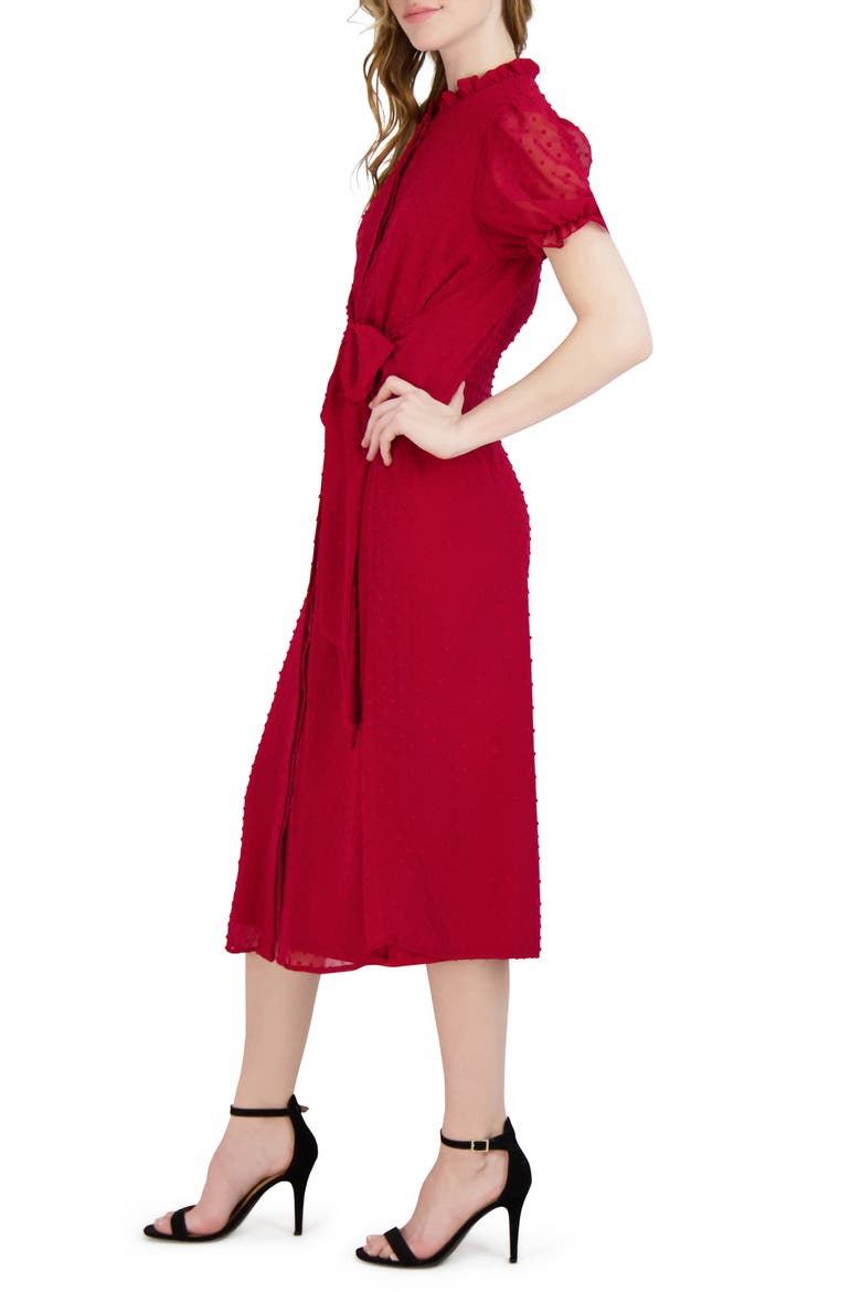 Swiss Dot Ruffle Tie-Front Midi Dress, Alternate, color, CRANBERRY