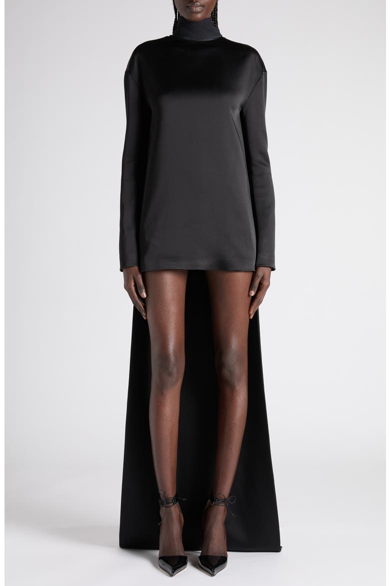 Long Sleeve Satin Cocktail Dress with Train, Main, color, BLACK