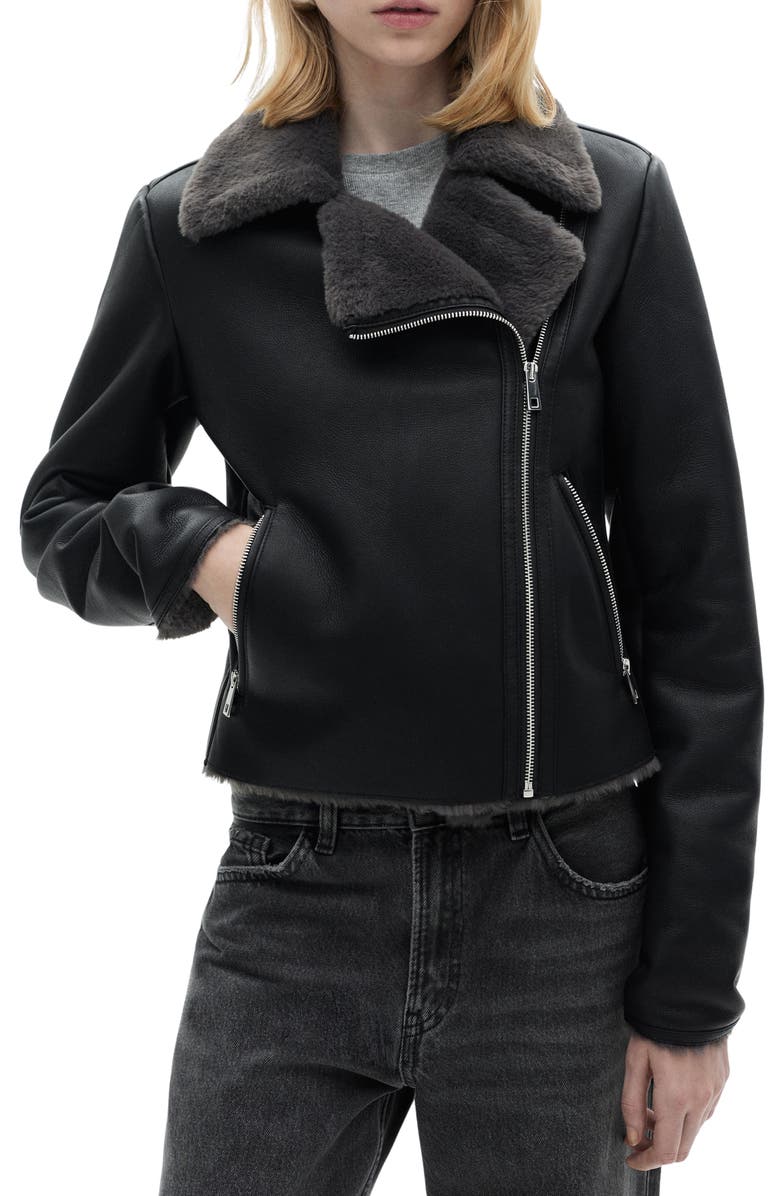 MANGO Faux Shearling & Faux Leather Moto Jacket, Main, color, Black