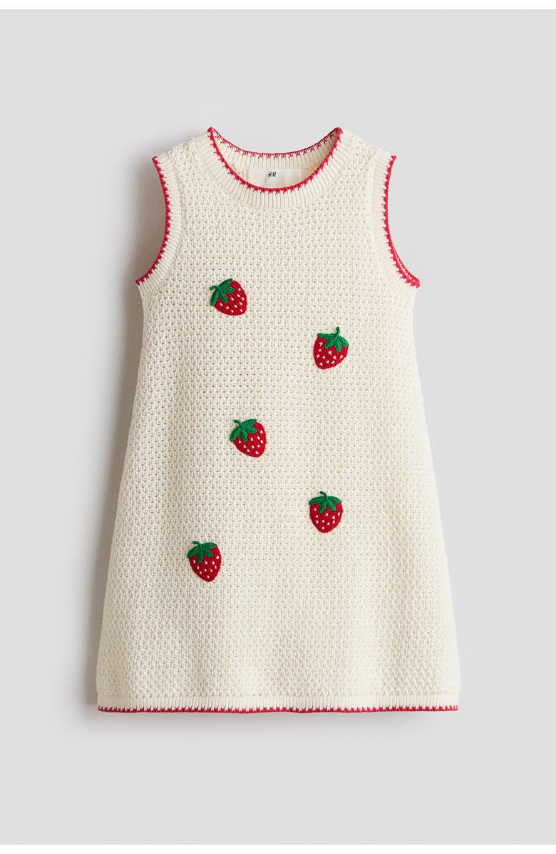 H&M Appliquéd Hole-knit Dress, Main, color, Cream/Strawberries