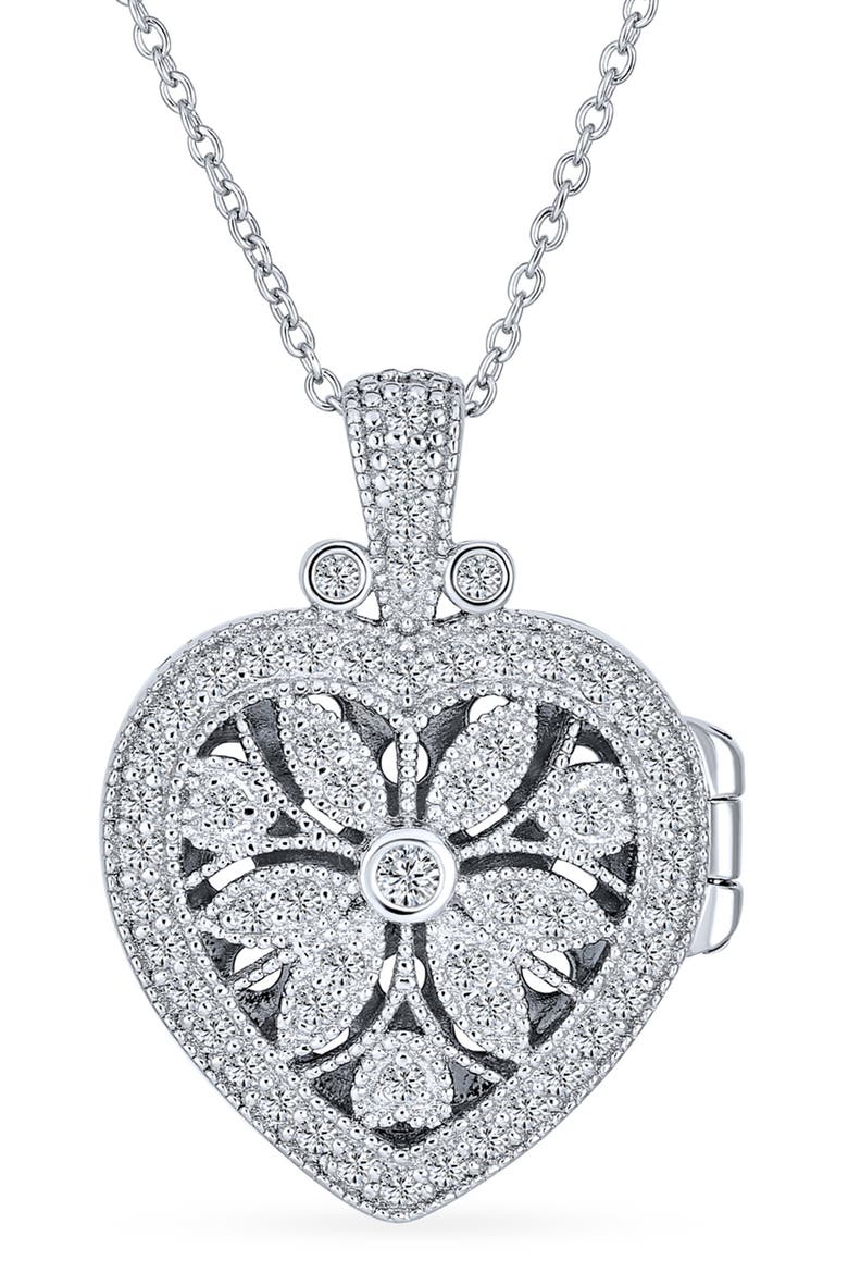 Sterling Silver & CZ Vintage Flower Heart Locket Necklace, Main, color, SILVER